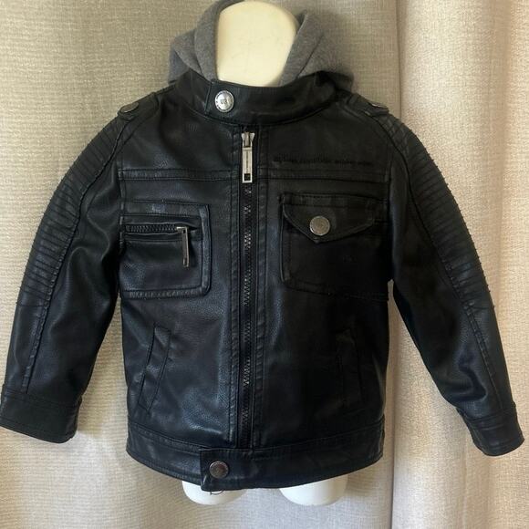 Urban Republic Kids 3T Faux Leather Blk Biker Motorcycle Hoodie Jacket - Picture 3 of 9